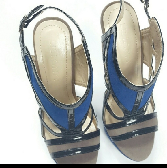 LILIANA Blue/Tan Suede Colorblock Platform Heels - Picture 5 of 5